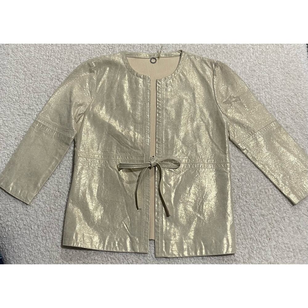 One Girl Who Women's Size Small Leather Knit Mix Media Tie Front Jacket Gold